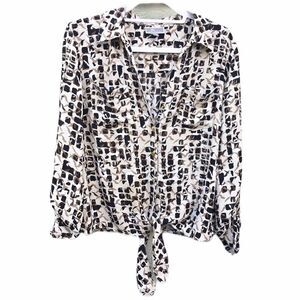 JM Collection Beulah Printed Button Down Tie Bottom Blouse